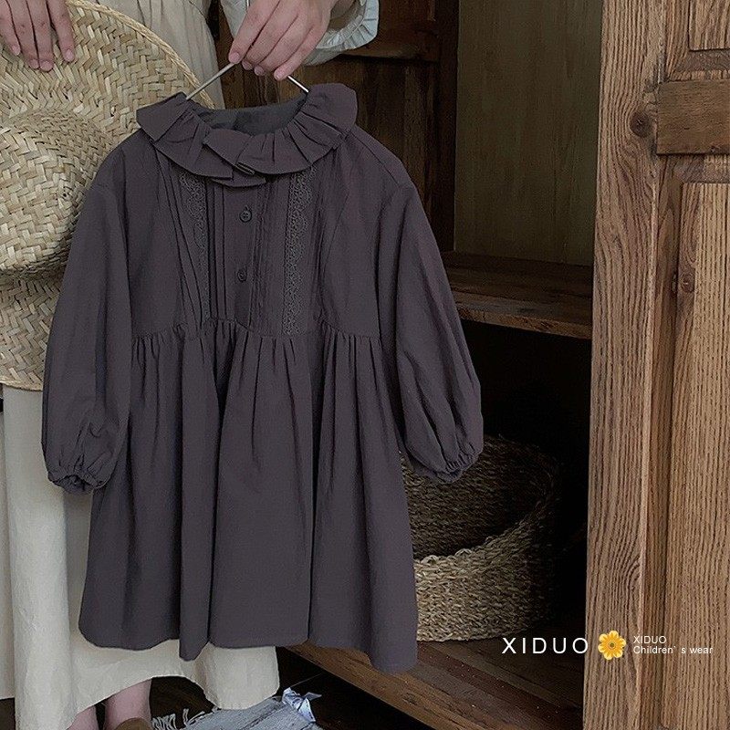 South Korean children's clothing girl dress with dress fall new foreign air pure color vintage lace collar bubble sleeves loose A-word dress-Taobao