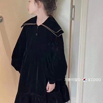 Girls skirt Korean childrens wear Fall Winter 2021 new double lapel doll collar gold velvet ruffle skirt dress