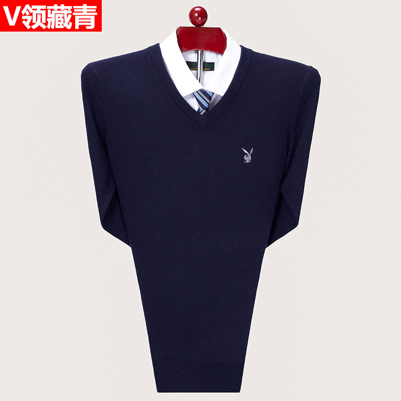 100tinh khiết áo len nam Vòng cổ nửa cao cổ áo Playboy trung niên nam áo len cashmere đáy cha váy