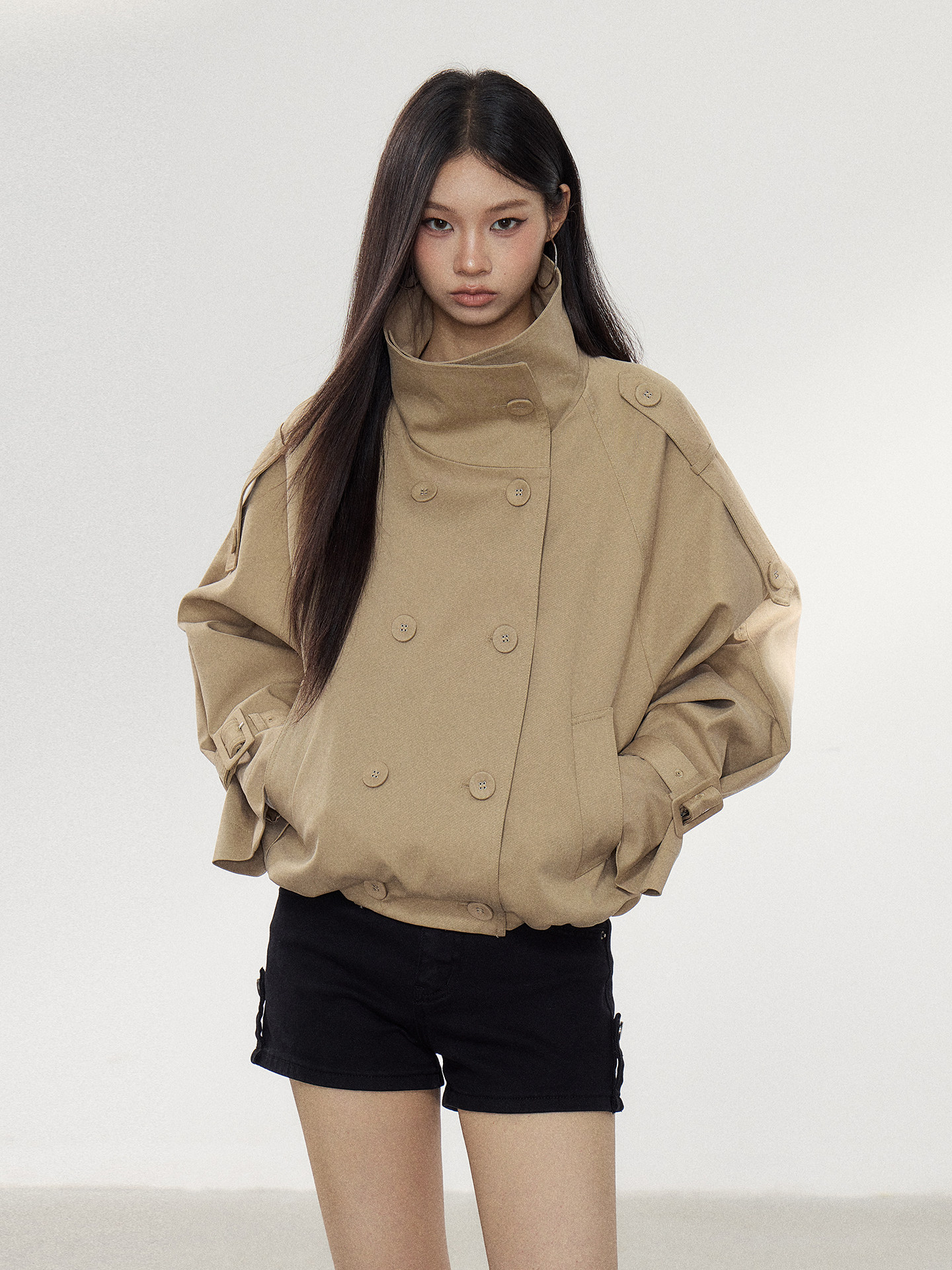 WITHMIN Khaki Double-Breasted Cropped Jacket