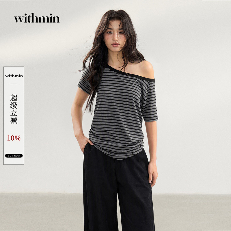 Withmin Off-Shoulder Striped Sexy Top for Women, Summer Sexy Off-Shoulder Black Pure Desire Design Short-Sleeved T-Shirt