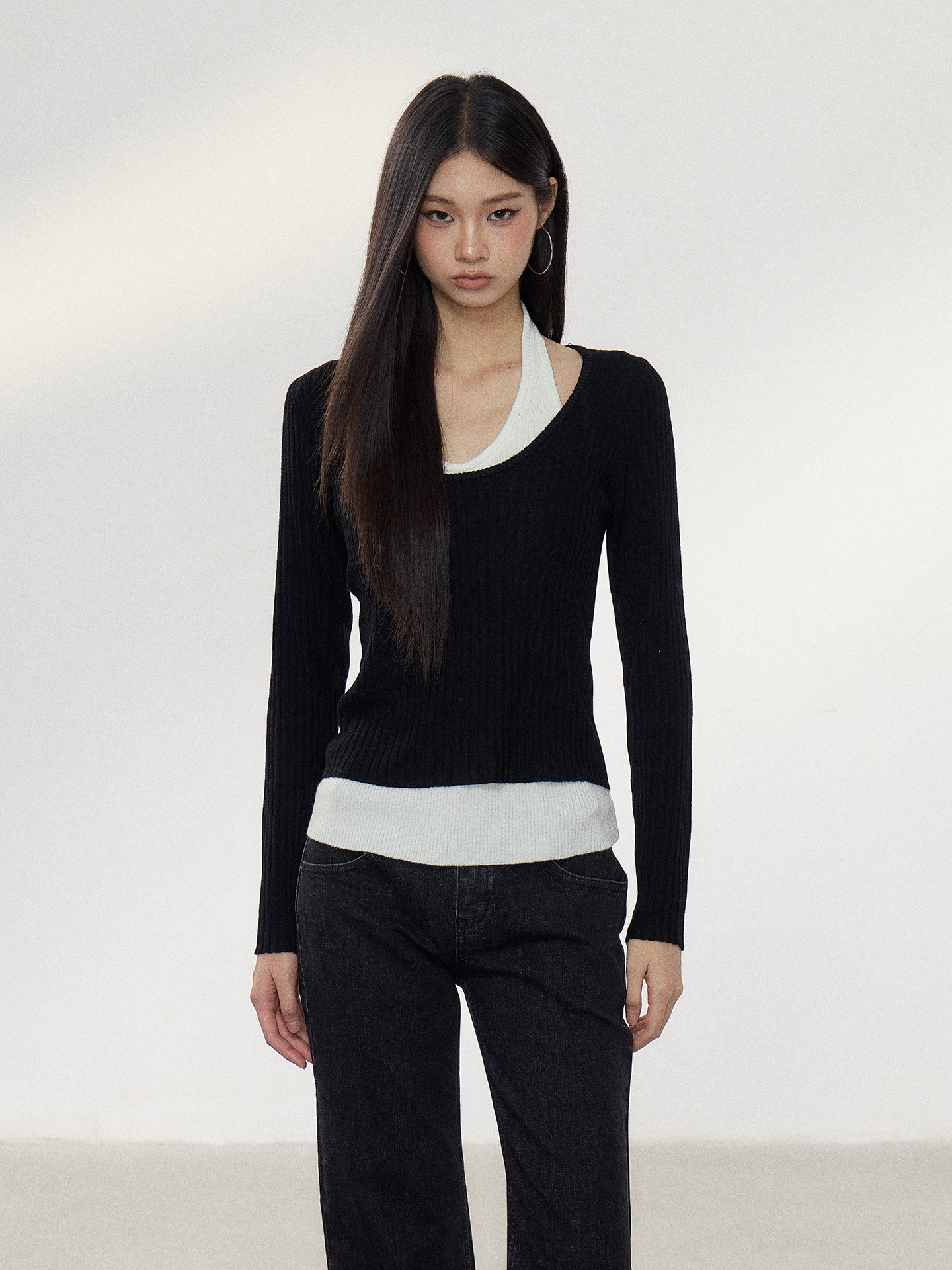 WITHMIN Contrast-Color Layered-Look Halter Long-Sleeve Tee