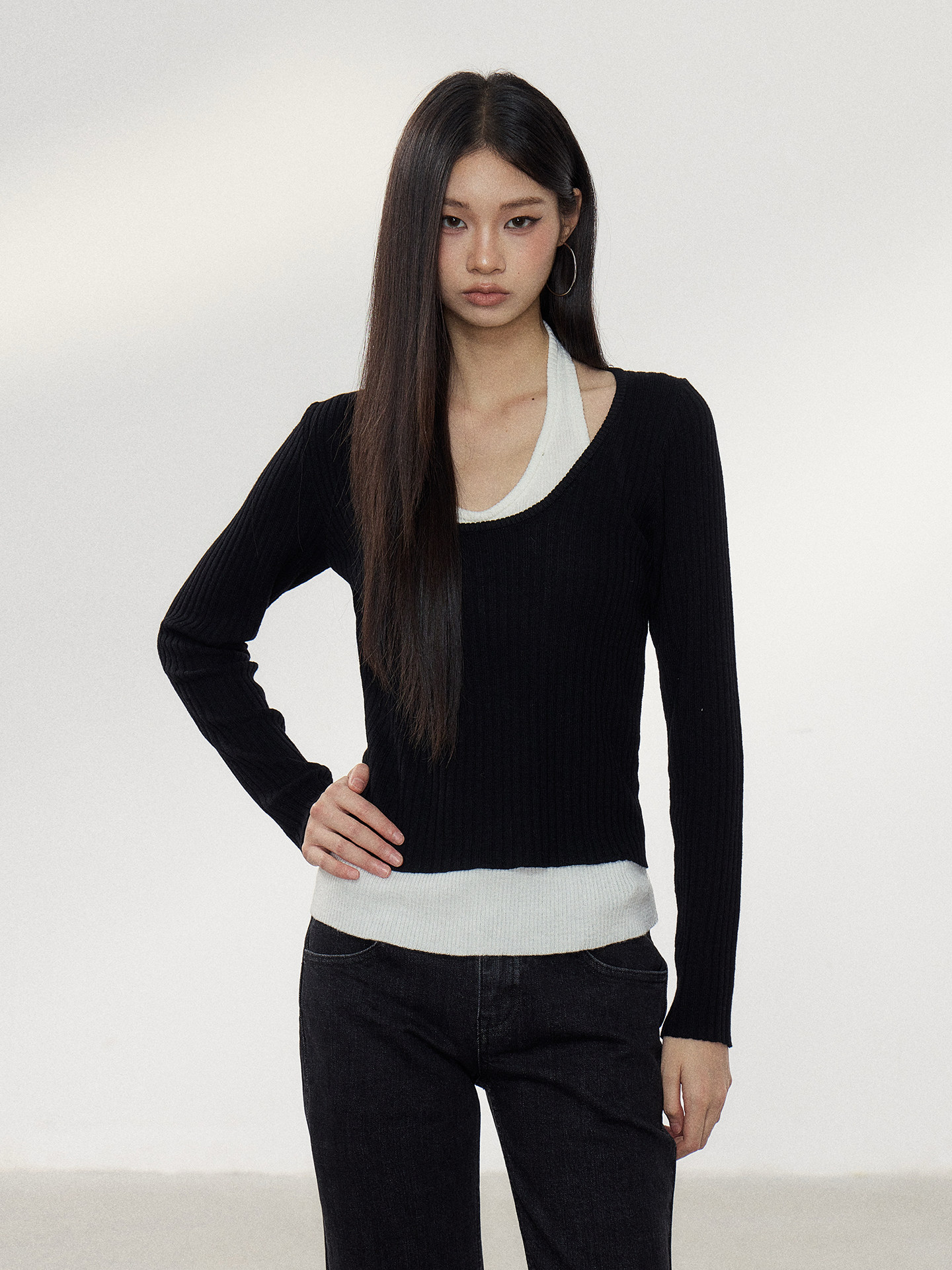 WITHMIN Contrast-Color Layered-Look Halter Long-Sleeve Tee