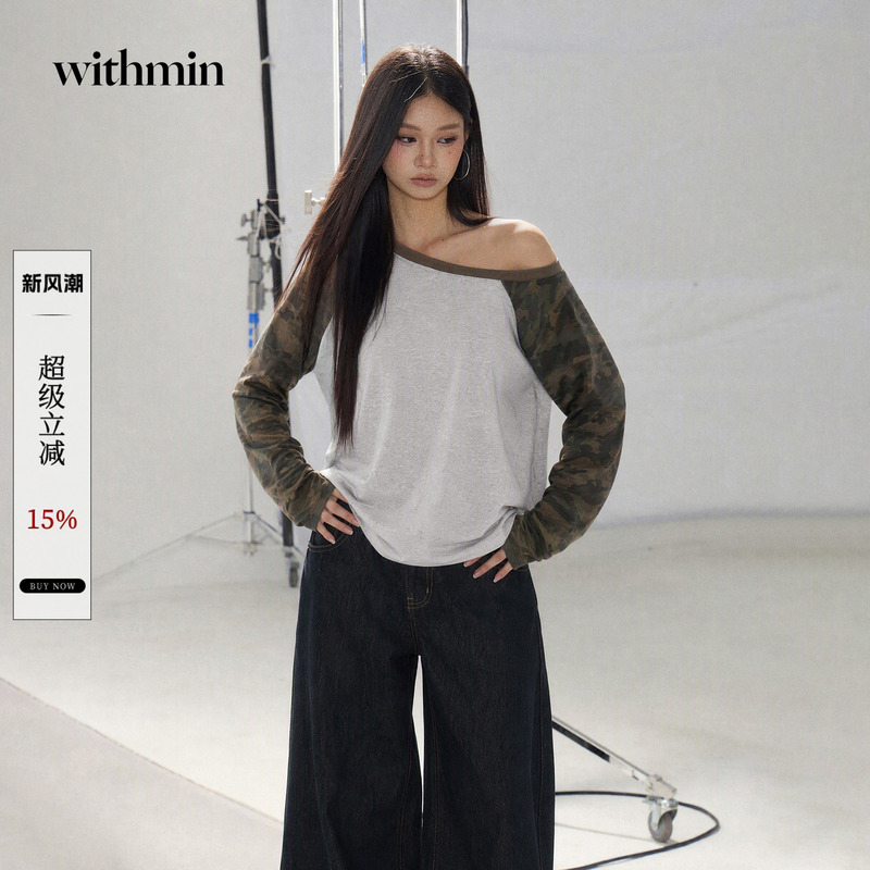 Withmin Asymmetrical Shoulder Top High-End 2026 Autumn New Loose Slimming Camouflage Color-Block Long-Sleeve T-Shirt for Women