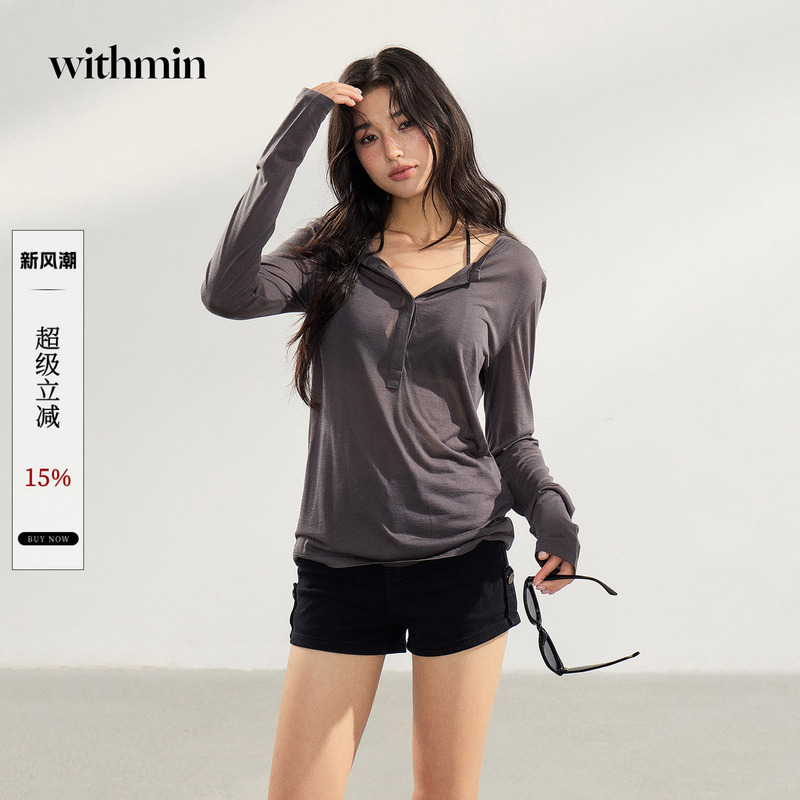 Withmin Dark Gray Henry Collar Long-Sleeved T-Shirt for Women 2026 Autum New Style Light and Versatile Casual Top for Women Withmin Dark Gray Henry Collar Long-Sleeved T-Shirt for Women 2026 Autum New Style Light and Versatile Casual Top for Women