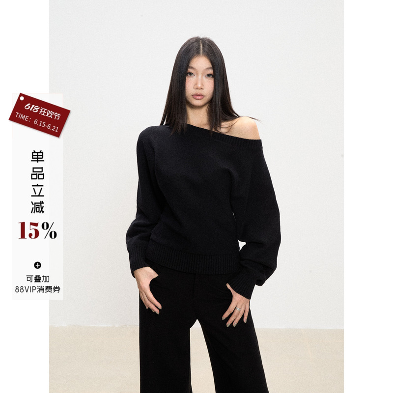 Withmin Black Sweater for Women, New Autumn Style, Loose Fit, Slimming, Casual, Off-Shoulder, Asymmetrical Shoulder Knit Top, Women's Clothing