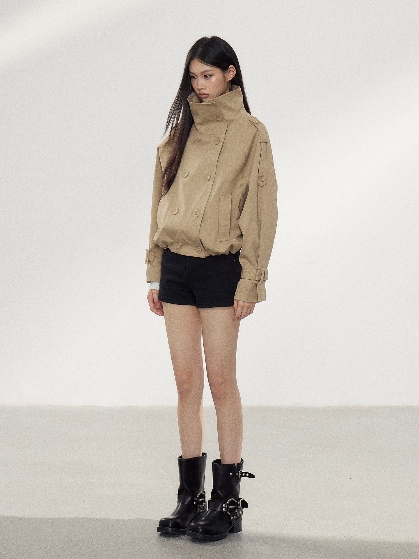 WITHMIN Khaki Double-Breasted Cropped Jacket