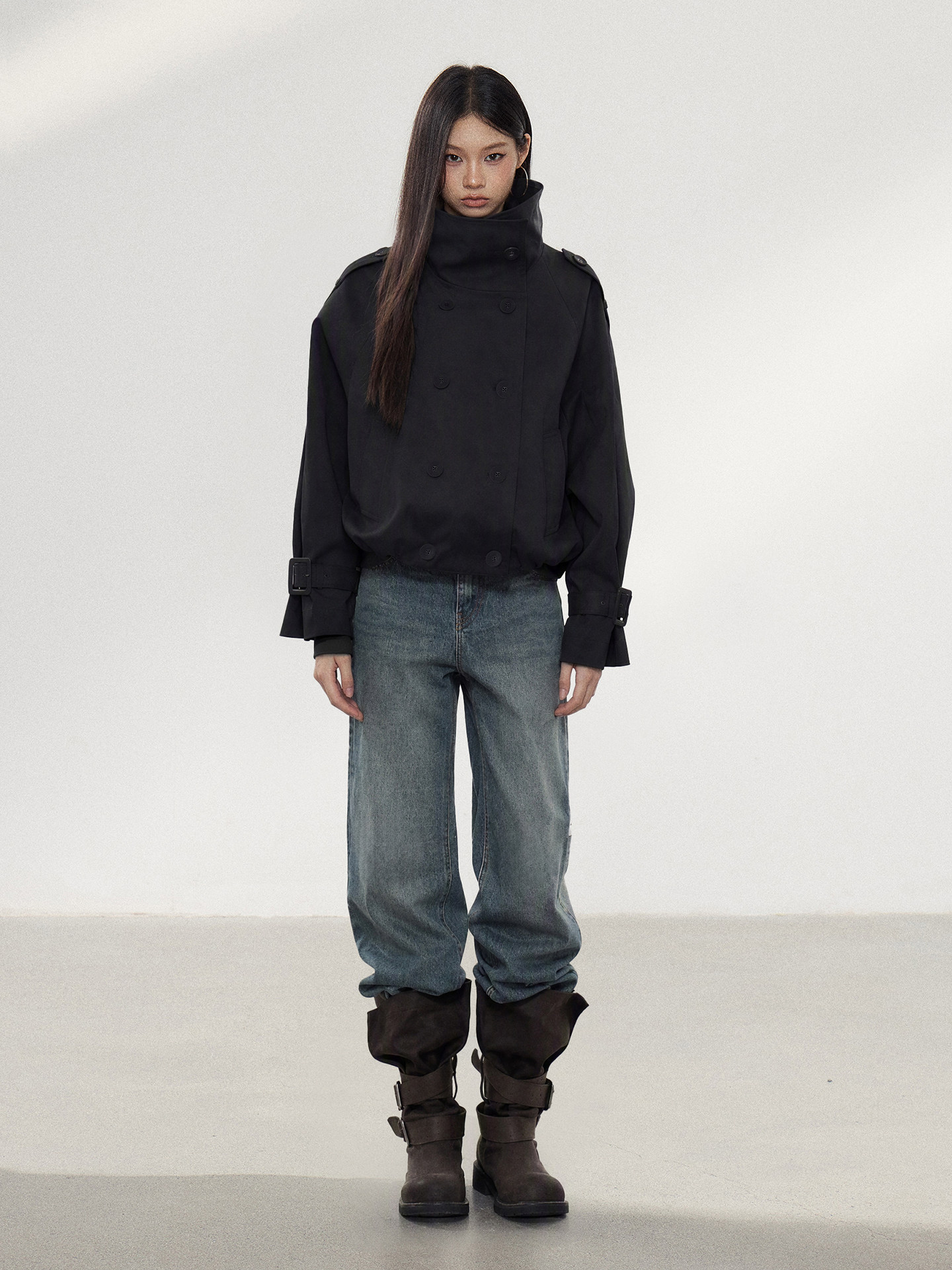WITHMIN Khaki Double-Breasted Cropped Jacket