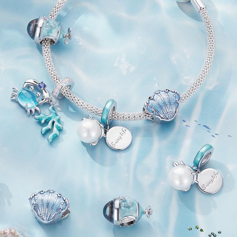 925 Sterling Silver Ocean World Submarine Turtle Crab Blue Marine Life Beads DIY Bracelet Sea Shell Loose Beads