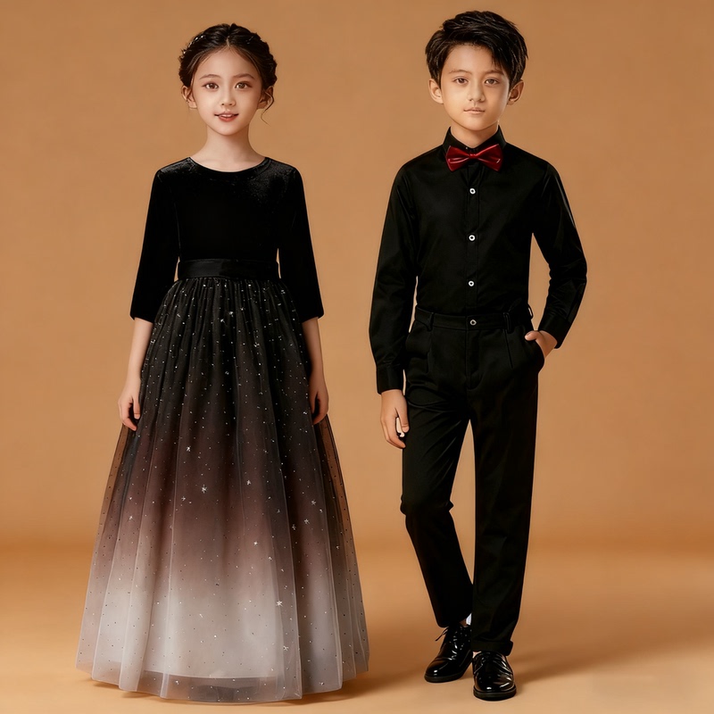 Children's Dress, Girl's Orchestra Performance Costume, Choir Host Piano Costume, Boy's Black Shirt Suit