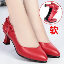 Mother shoes Red single shoes bow knot women comfortable soft soles middle heel shoes 2021 Spring and Autumn new old womens shoes