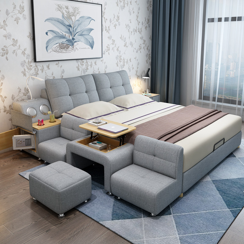 Fabric bed Simple modern double bed Tatami removable and washable cloth bed 1 8 meters solid wood bed Master bedroom ins net red bed