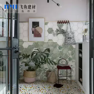 Nordic dark green retro hexagonal tiles art hexagonal background wall powder room kitchen bathroom non-slip floor tiles