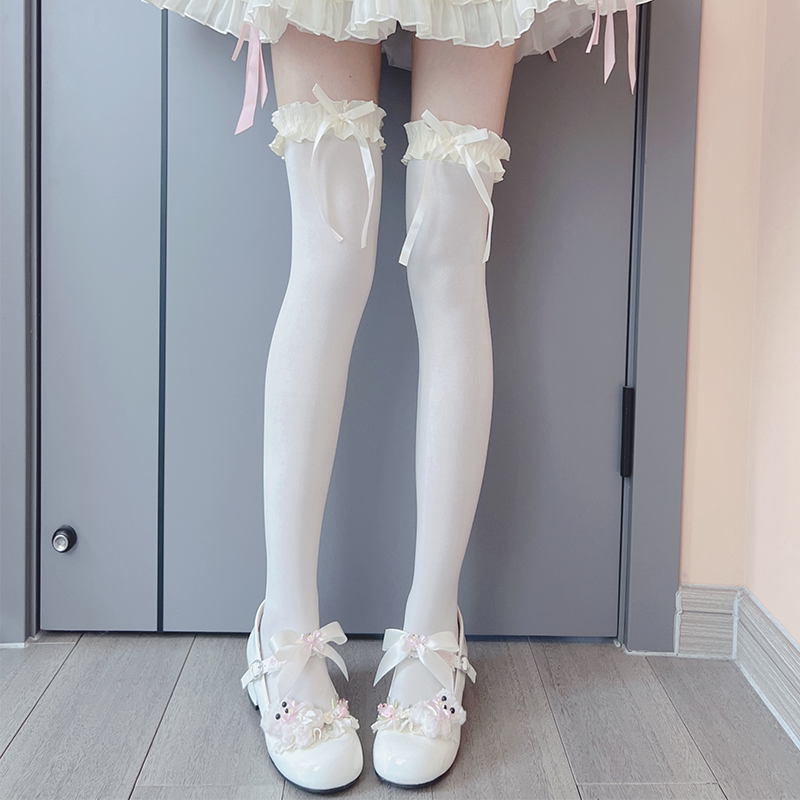 Haibeibei Socks for Women, Summer Lolita Lace Long Socks, Off-White Over-The-Knee High Socks with Bow, Black Thigh-High Socks