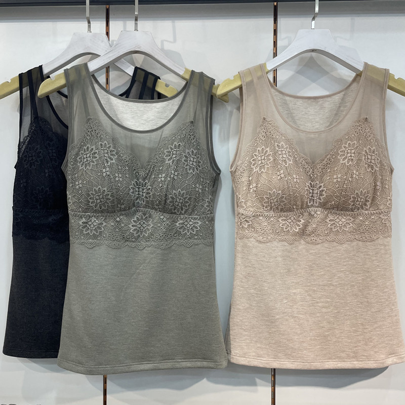 Autumn-winter style mulberry silk warm vest woman with chest cushion bra integrated anti-chill meme body underwear hit bottom shirt lace side