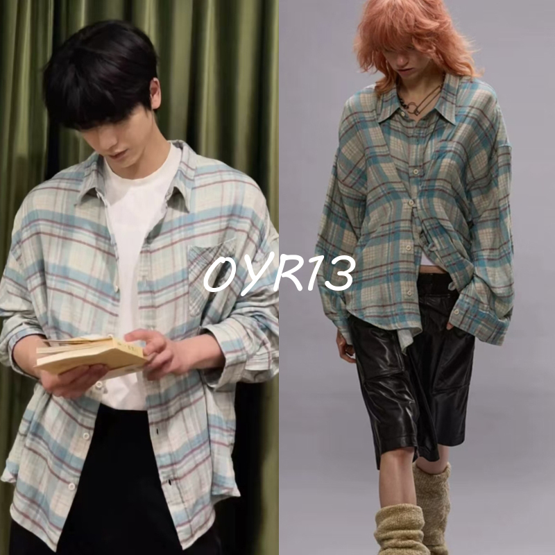 Buyer's Boutique R13 Zhang Linghe Same Style Pure Cotton Layered High-End Blue Plaid Unisex Long-Sleeve Shirt Jacket for Men and Women