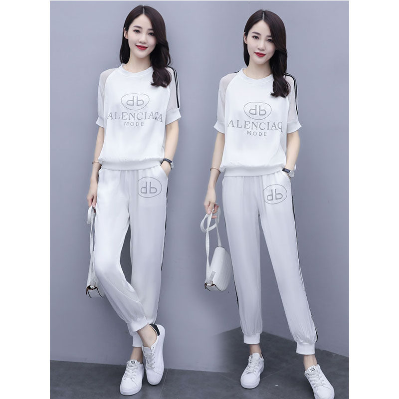 European Station Casual Fashion Suit 2022 New Female Ice Silk Short Sleeve Summer Sports Running Temperament Two Sets