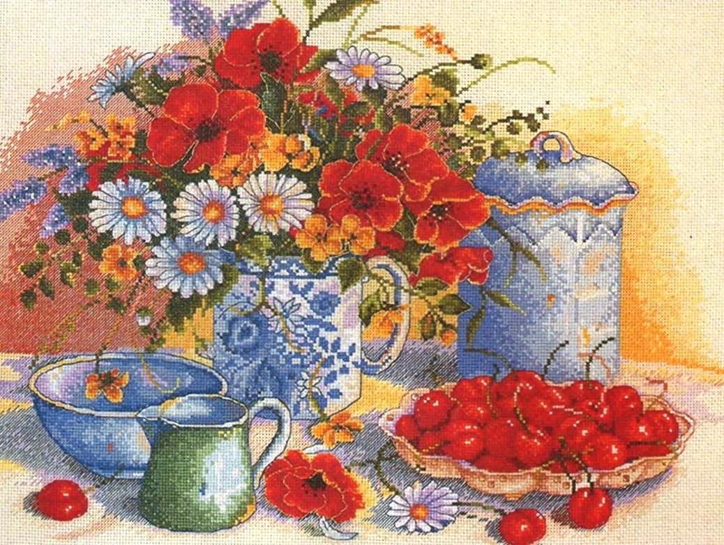Cầu vồng thêu vuông chính hãng ANC Cross Stitch Những mảnh tự làm Hoa anh đào và hoa anh túc - Bộ dụng cụ thêu tranh thêu phong cảnh