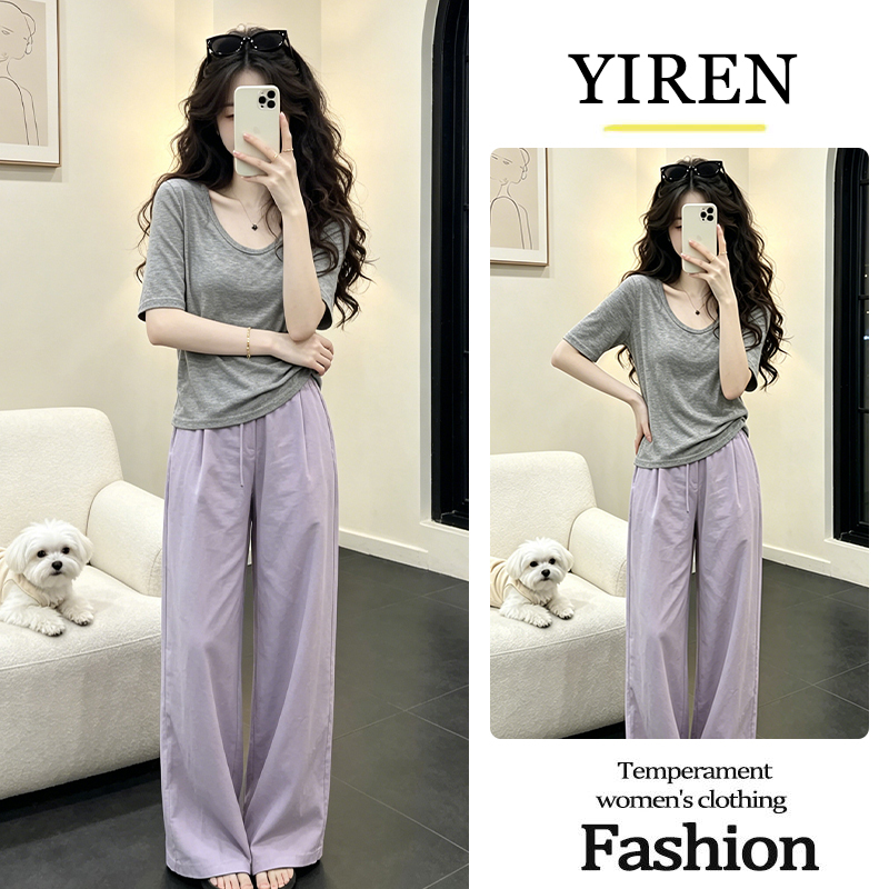 Summer Outfit: a Complete Set of Gray Short-Sleeved T-Shirt and Wide-Leg Pants Suit for Women, Purple Straight-Leg Pants, Slimming Casual Suit Summer Outfit: a Complete Set of Gray Short-Sleeved T-Shirt and Wide-Leg Pants Suit for Women, Purple Straight-Leg Pants, Slimming Casual Suit