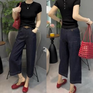 大码复古做旧简约八分牛仔裤女胖mm优雅时髦潮流时尚百搭直筒裤子