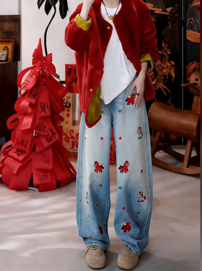 Embroidered Denim Scimitar Pants for Women, 2026 Spring, Plus Size, New Chinese Style, Cartoon High-Waisted Straight Wide-Leg Pants