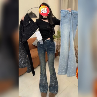 早春新款时尚烫钻牛仔长裤2026大码胖mm梨型高腰百搭满天星喇叭裤