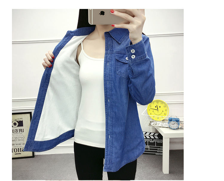 Áo sơ mi denim dày cộng với áo nhung nữ tay dài ấm áp mùa đông 2018 mới áo khoác nữ size lớn 	các mẫu áo sơ mi nữ dài tay đẹp