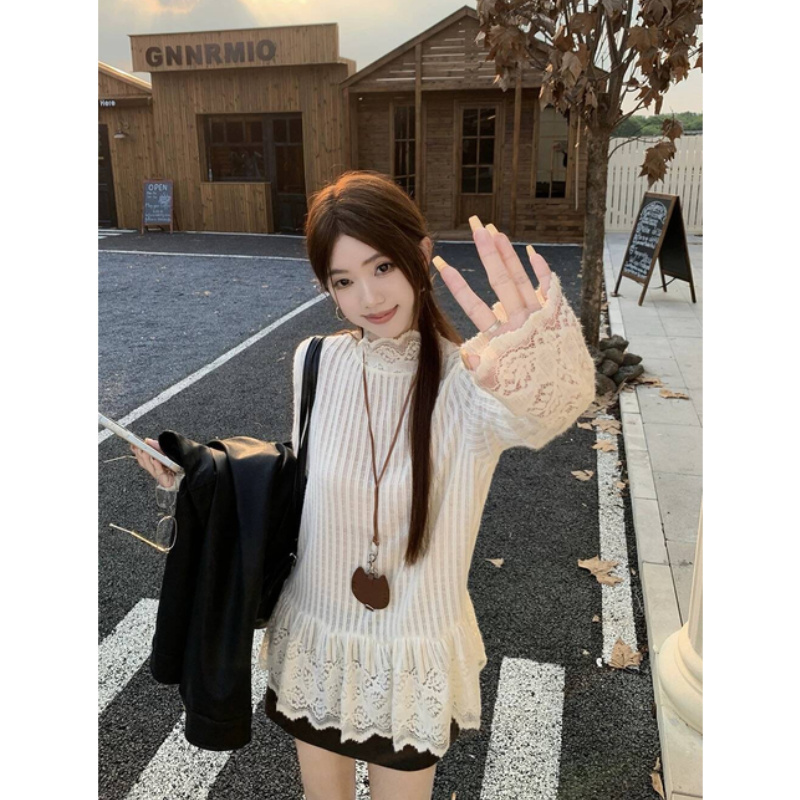Lace-Trimmed Long-Sleeve Pullover T-Shirt for Women, Spring and Autumn Design, Niche Base Shirt, Half-High Collar, Sexy Inner Wear Top