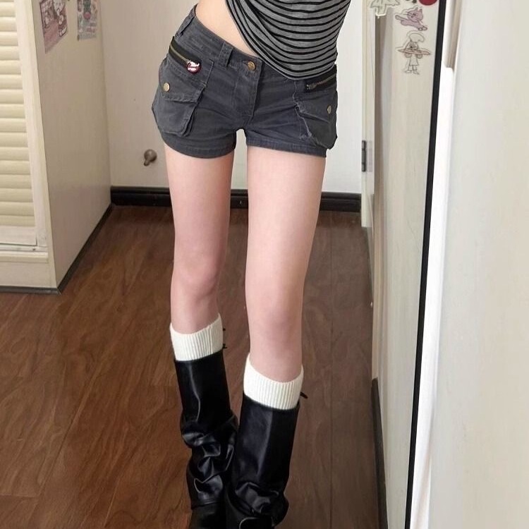 Vintage Heavy-Duty Denim Shorts, New Summer Style, Workwear Pockets, Women's Waist-Cinching, Slimming, Washed, Versatile, Hip-Hugging Hot Pants