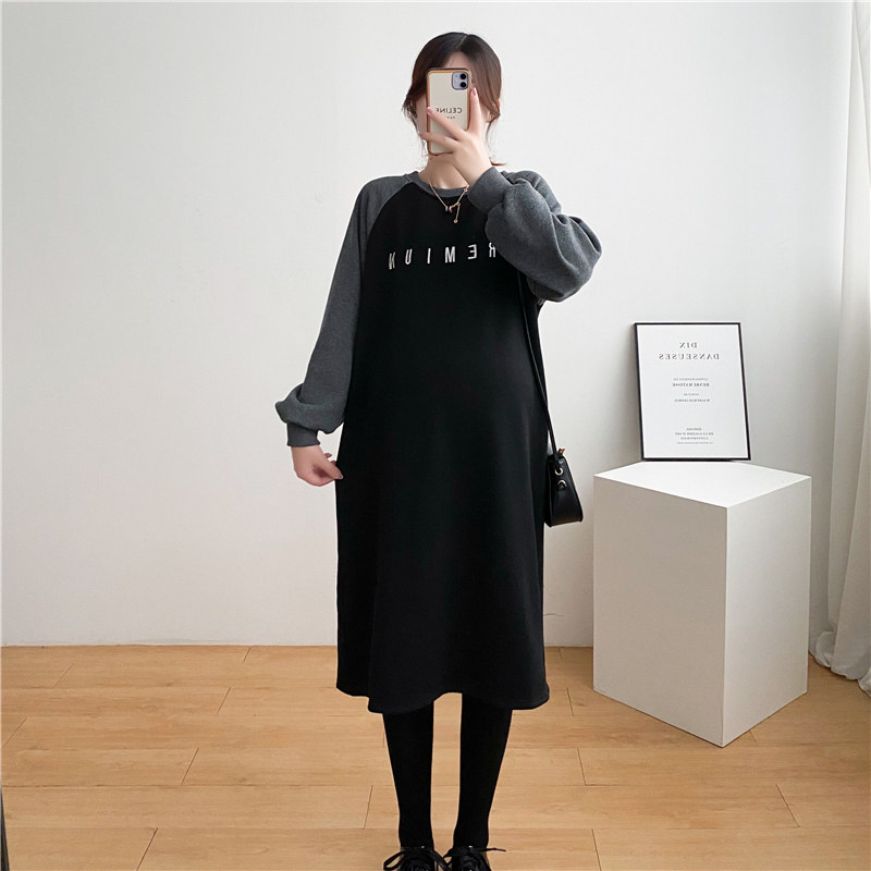 Large size Pregnancy Woman Dress Autumn Winter Plus Suede Thickened Sleeve Head Casual Blouse 2021 New Korean version Fashion Middle-length Tidal Mama Suit