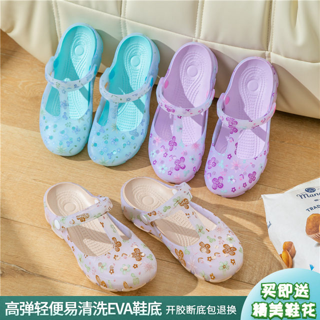 Summer new Mary Jane printed jelly shoes for women summer beach clogs soft sole non-slip casual flat sandals for women