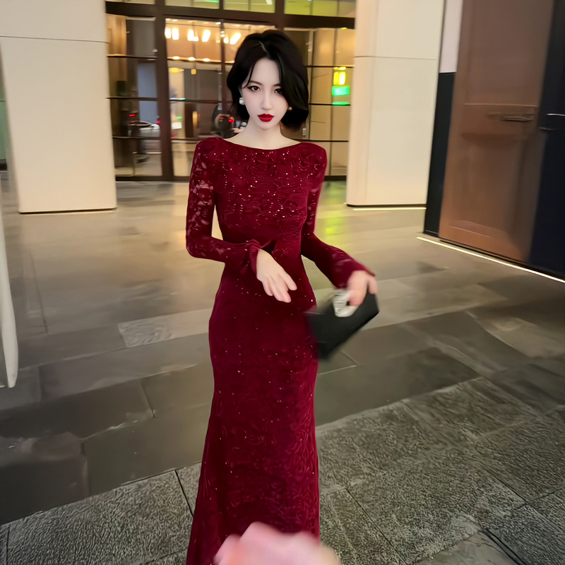 Flaming Rose Autumn New Design Lace Round Neck Long Flared Sleeve Red Dress for Women 2026