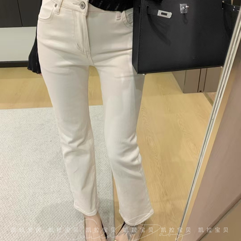 【Versatile Pants】Off-White Straight-Leg Jeans for Women, Autumn and Winter High-Waisted Slimming Cigarette Pants, Baguette-Style Cropped Pants