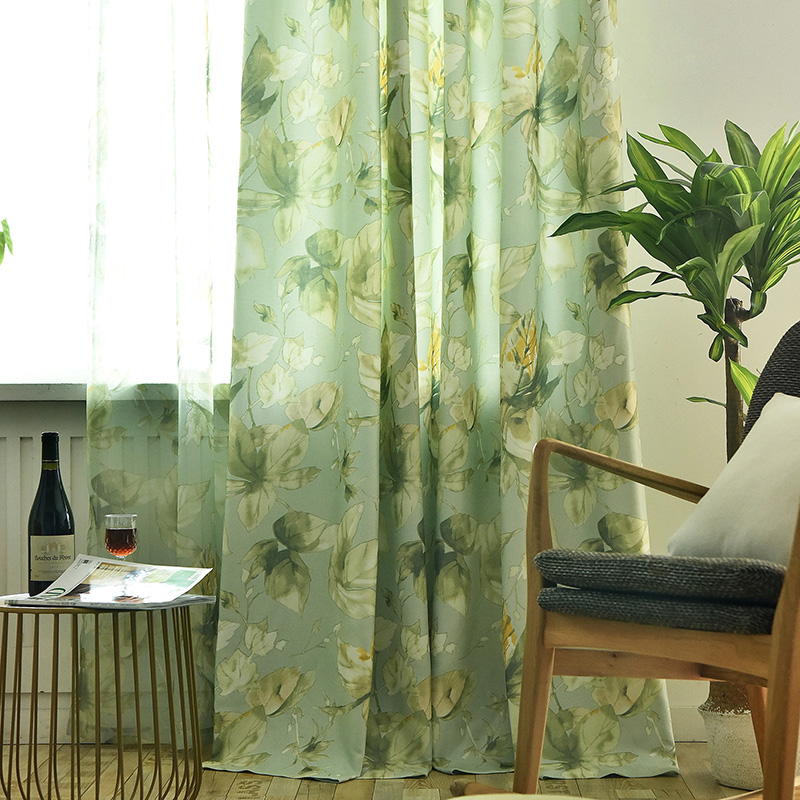 Custom American country green leaf shading yarn curtain Bedroom living room Finished floor-to-ceiling environmental protection bay window curtain Fenix