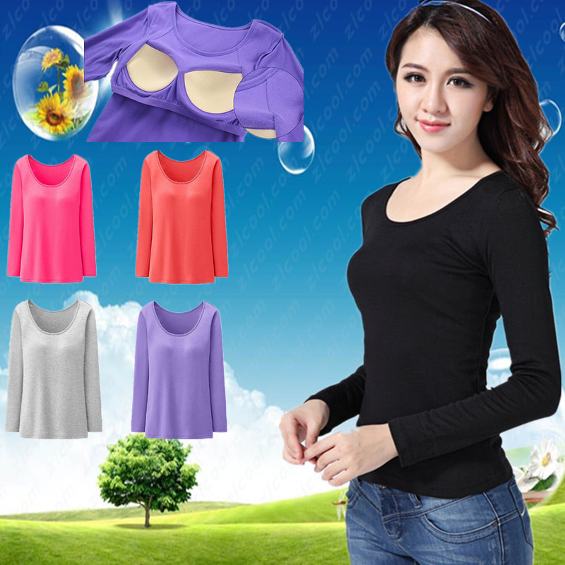 Modell cotton with chest cushion long sleeves inside lap T-shirt woman free from bra yoga home in autumn clothes for autumn and winter