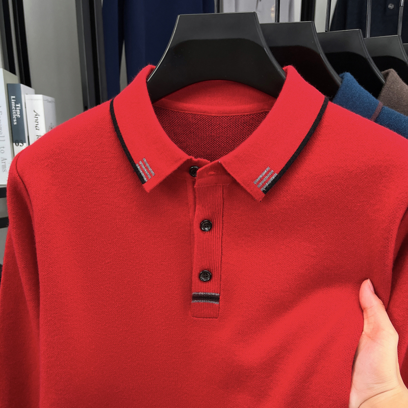 Autumn and Winter Men's Polo Collar Knit Sweater, Red Color for the Year of Birth, Dad Style, Business Casual, Warm Pullover Sweater Autumn and Winter Men's Polo Collar Knit Sweater, Red Color for the Year of Birth, Dad Style, Business Casual, Warm Pullover Sweater