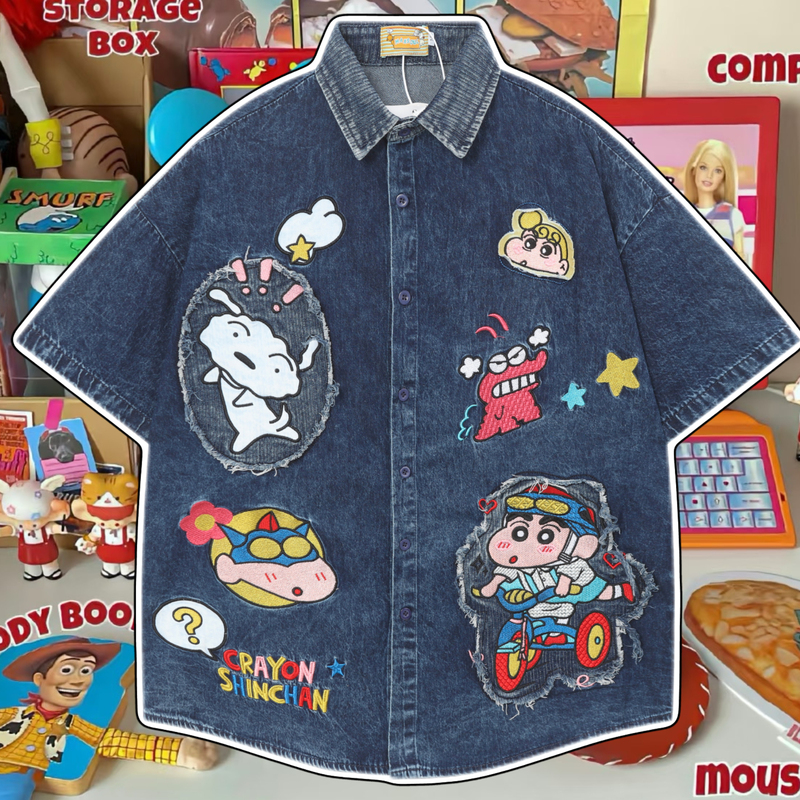 Cattle Zhao Daniu Cute and Playful Cartoon Crayon Shin-Chan Embroidered Denim Short-Sleeve Shirt Unisex Couple Style