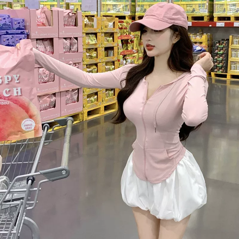 Фуксия тонкая линия одежда для солнца с капюшоном, sexy спортивная укороченная кофта, комплект, защита UV, приталенный