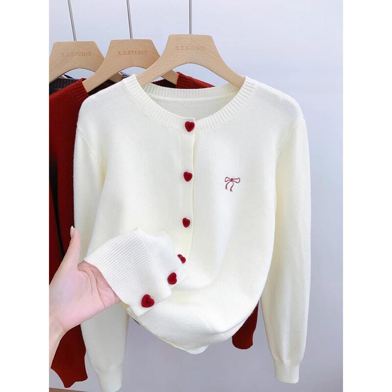 Embroidered Bow Long-Sleeve Knitted Cardigan Jacket for Women 2025 Spring and Autumn Inner Layer Base Shirt Sweater Short Top