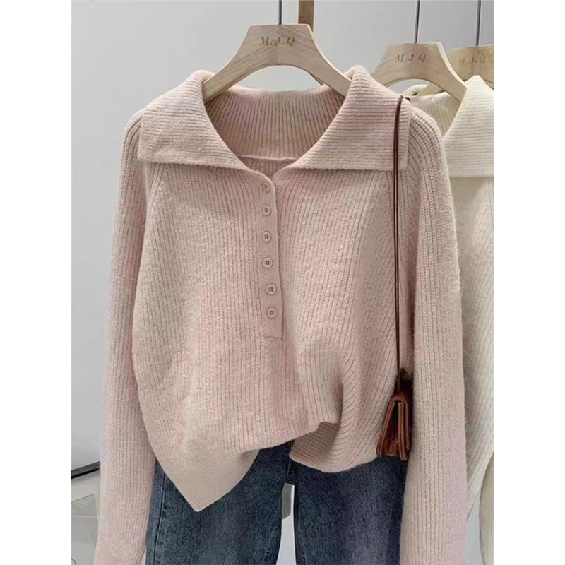Pink Lazy Korean-Style Large Lapel Sweater for Women, Autumn and Winter 2024 New Style, Slimming Soft Knit Top, Versatile Outerwear