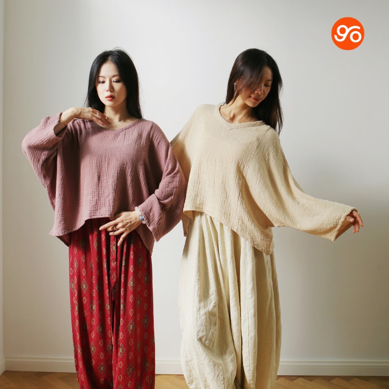 Egomov Cotton Long-Sleeved Yoga Clothes, Natural Cotton Blouse, Meditation, Pilates, Yoga, Casual, Loose, Slimming for Women