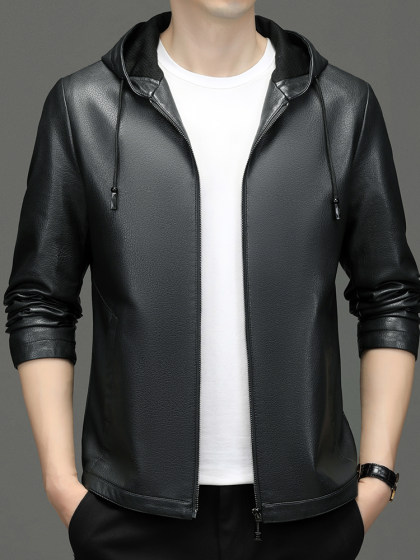 秋季新款海宁真皮外套进口头层牛皮皮衣男休闲纯色短款连帽皮夹克