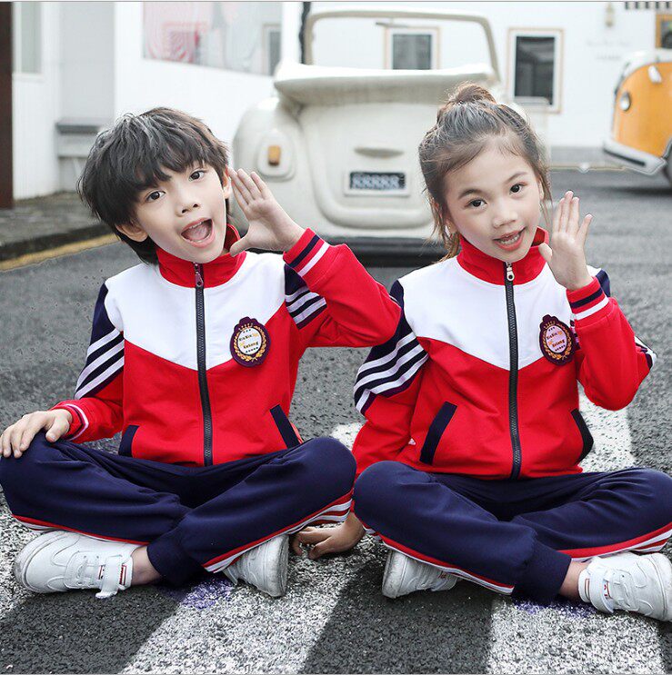 Kindergarten uniforms spring, autumn and winter clothes for primary school students in autumn sports class school uniforms cotton plus velvet suit red and green set