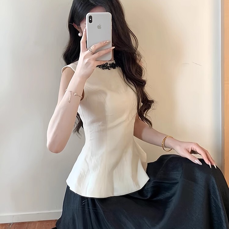 French-Style Design, Waist-Cinching, Slimming, Sleeveless Lace Vest for Women, Summer Ruffle Hem, Vintage, Gentle and Elegant Top