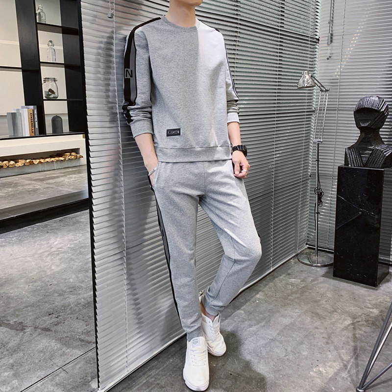 Spring and autumn round neck thick cotton T suit male personality fashion trend large size handsome loose casual sportswear two-piece suit
