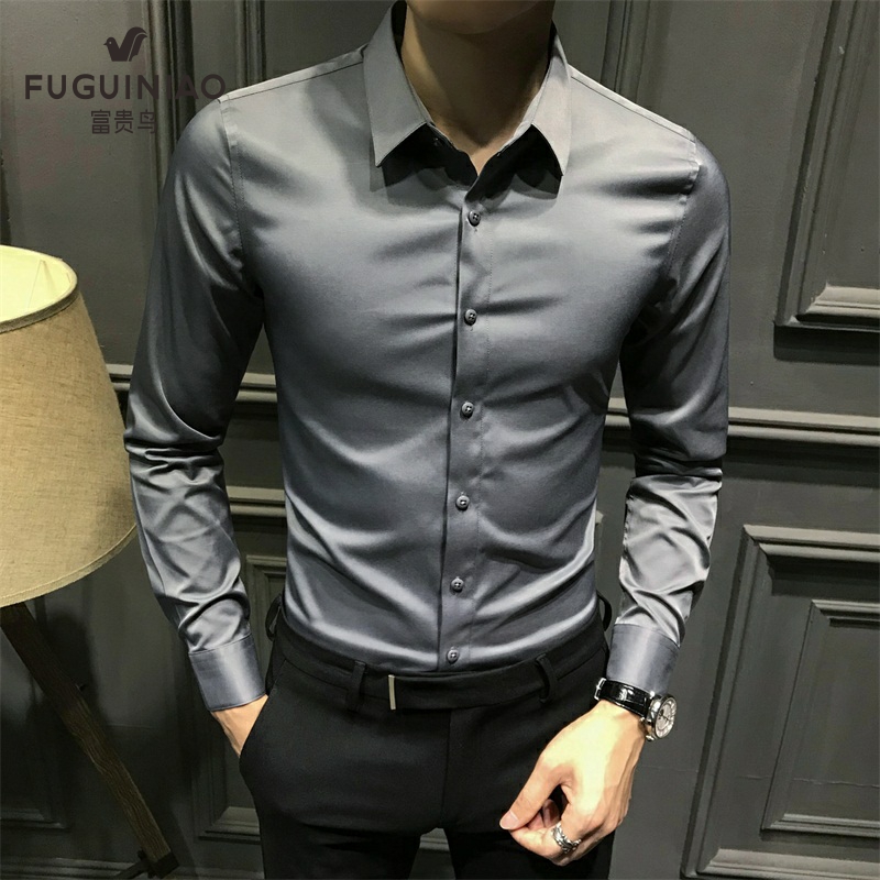 Autumn gray shirt men's long sleeve slim plus fleece warm spring and autumn business casual shirt free iron trend inch shirt