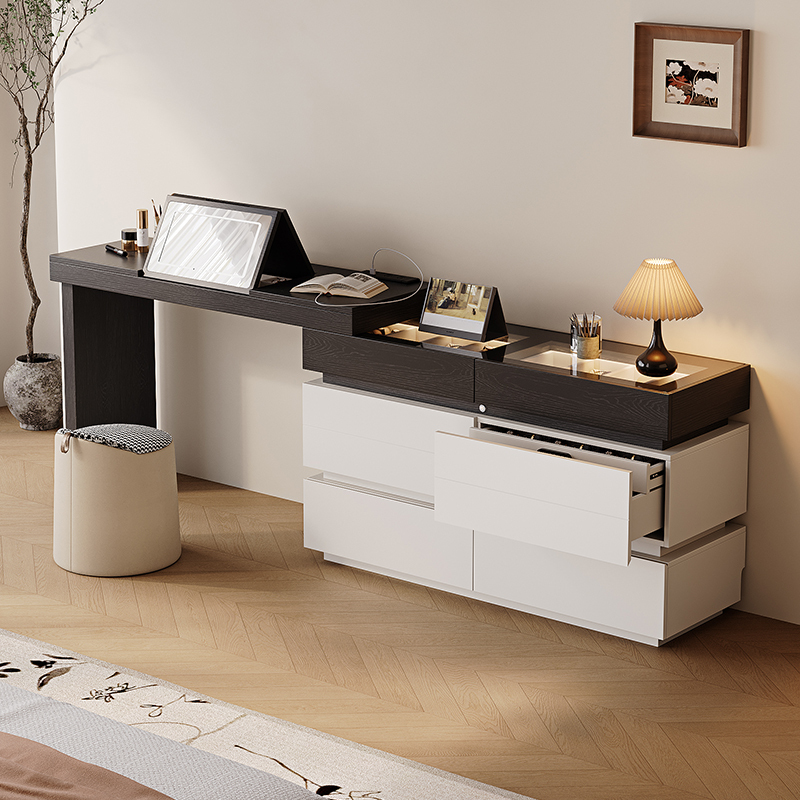 Xizi Makeup Italian Minimalist Milk White Dressing Table and Chest of Drawers Combo 2025 New Model Bedroom Solid Wood Flip-Top Vanity Table