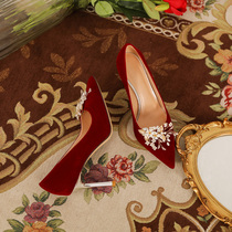 Wedding Shoes Women 2022 New Bridal Shoes Show and Shoe Water Diamond Flowers Red Pointed Thin Heel High Heel Shoes Not Tired