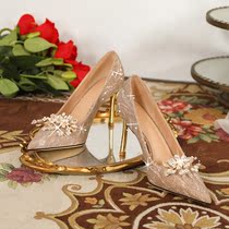 2022 New wedding shoes female show and wedding dress Two wearing bridal shoes Water crystal shoes champagne pointed fine heel high heel shoes