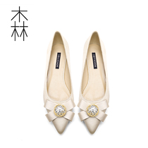 Wedding Shoes Women 2019 New Bridal Bridesmaid Show and Pointed Water Drill Butterfly Knot Coarse Heel Single Shoes Nude Color Flat Bottom Shoes